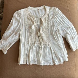 Free People Boho White 3/4 Sleeve Embroidered Blouse Small